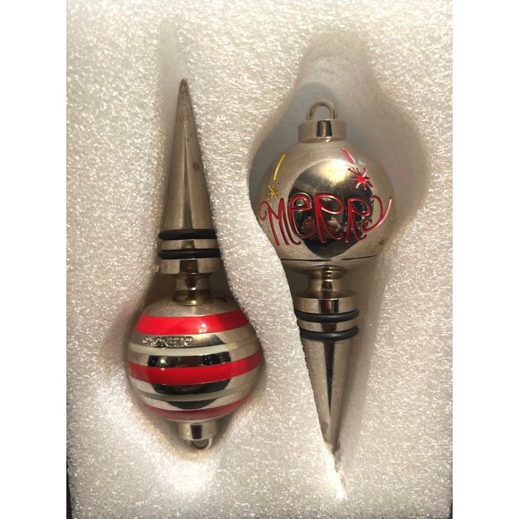 Lenox Eat Drink Be Merry Set Of 2 Bottle Stoppers 4.5" Red & Silver Xmas Decor - Picture 2 of 4